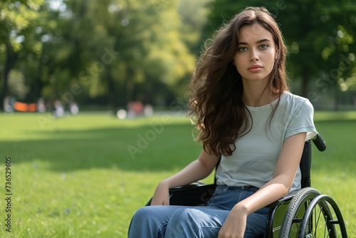 Young woman in wheelchair in the park photo