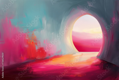 Bright, abstract impressionistic view from the empty tomb, with vivid colors and dynamic brushstrokes.
