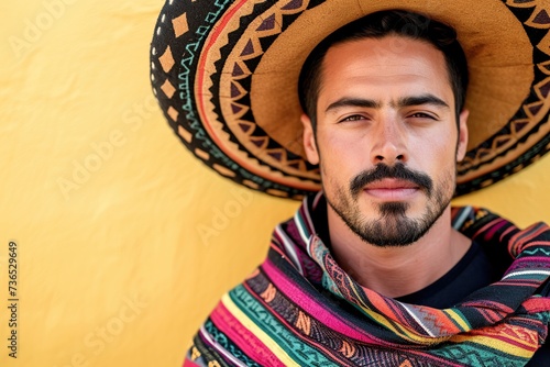 Beautiful young mexican man wearing sombrero and poncho on yellow background