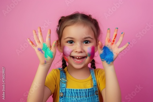 Child showing hands painted in colorful paints