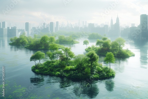 futuristic cities adapting to climate change, resilient infrastructure, flood-resistant buildings, and green urban planning solutions, addressing the challenges of climate resilience photo