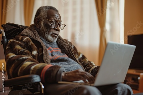 Disabled african american senior man sitting in wheelchair with laptop at home