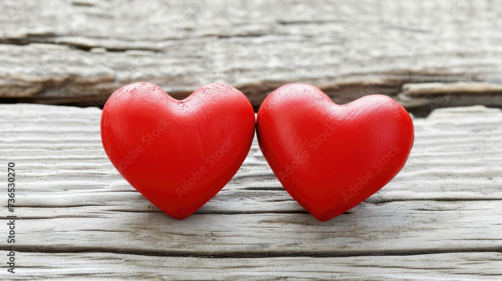 Two red heart shapes side by side on a rustic wooden background, symbolizing love and Valentine's Day. Two red heart shapes side by side on a rustic wooden background, symbolizing love and Valentine's Day.