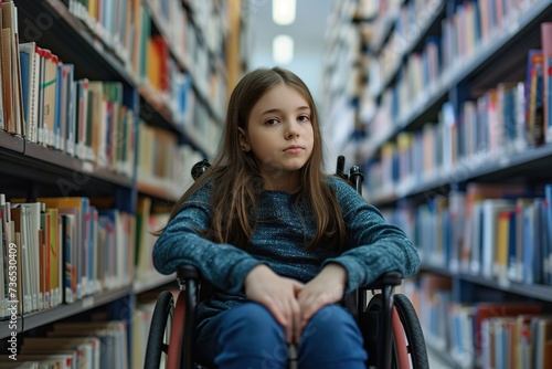 Handsome young disabled girl sitting in wheelchair in school library