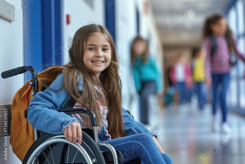 Handsome young disabled girl sitting in wheelchair at school corridor © Alina