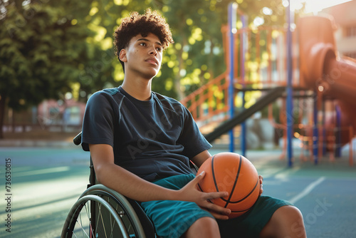 Disabled young man sitting in wheelchair with ball on playground
