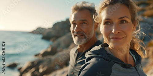 Close up middle aged cheerful couple running in sports clothes on sunny morning along the sea shore leading healthy active lifestyle