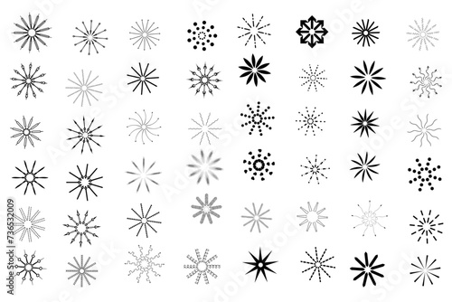 Vintage sunburst starburst radial sunset beams vector set. Radial sunburst stripes background. Bursting sun rays fireworks vector illustration. Set of thin line sun rays.