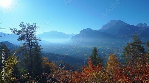 A breathtaking autumn panorama of a majestic mountain range, ablaze with vibrant foliage and bathed in soft, golden sunlight that highlights every detail, creating a truly captivating and im © Creative