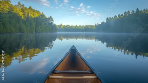 A serene canoe journey on a serene lake, as the gentle sunrays create a mesmerizing mirror-like illusion on the water, evoking a profound sense of calmness and serenity.