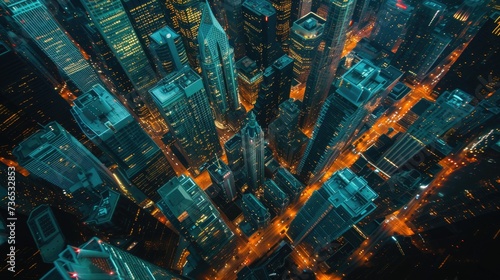 High angle view of city at night with skyscrapers and big buildings