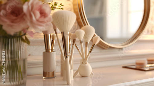 A stunning mockup showcasing a luxurious premium makeup brush set on a glamorous vanity. Highlighting the impeccable quality and exquisite design of the brushes, this image is perfect for hi