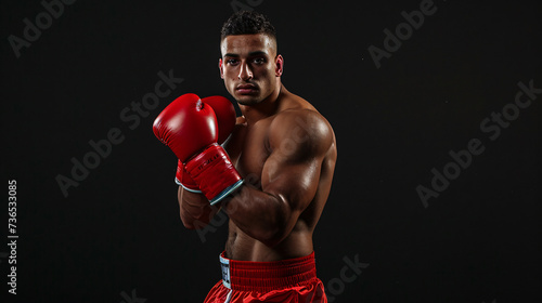 A fierce and determined late 20s professional boxer wearing boxing gloves and trunks, exuding strength and confidence.