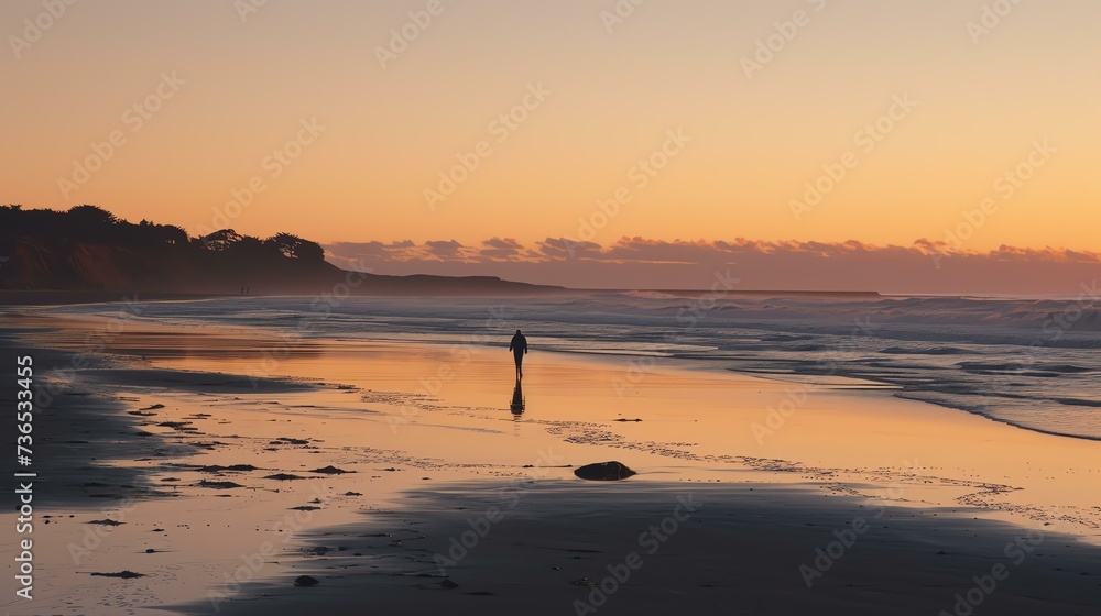 A breathtaking sunset on the tranquil beach, where the vibrant hues of the sky seamlessly blend with the shimmering water below. A lone silhouette gracefully strolls along the shore, adding