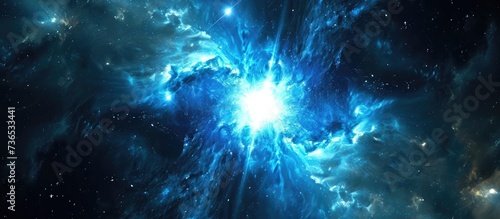 Generated abstract space background featuring a blue glowing quasar gamma ray burst.