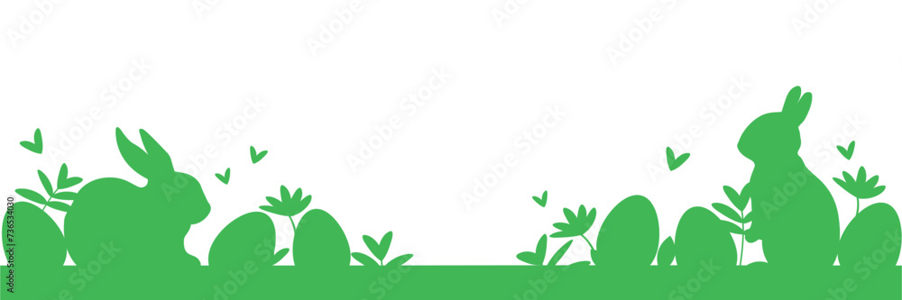 Easter banner with Easter bunnies and Easter eggs hidden in the grass with flowers and butterflies. Isolated on a transparent background with an empty space for a banner, website design, decorations