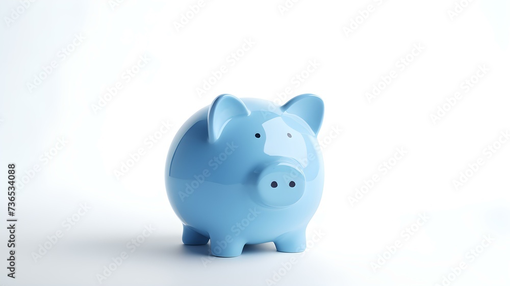 Blue Piggy Bank on a white Background. Business Template with Copy Space