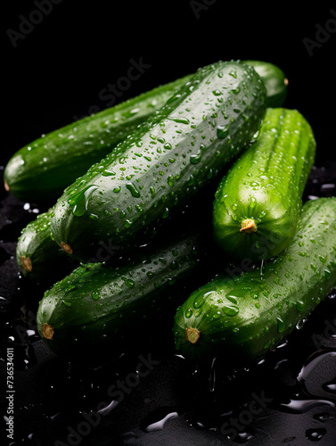 Fresh green cucumbers on a black background with water droplets.