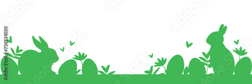 Easter banner with Easter bunnies and Easter eggs hidden in the grass with flowers and butterflies. Isolated on a transparent background with an empty space for a banner, website design, decorations