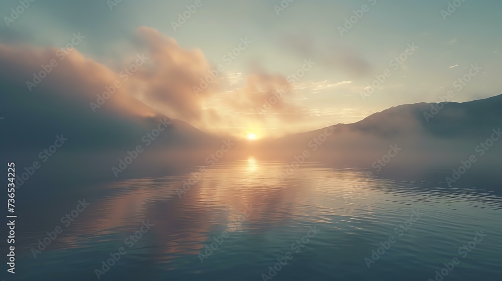 Tranquil dawn at a mist-covered lake with soft, ethereal sunlight casting a serene glow on the still water.