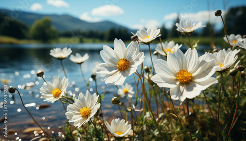 Nature beauty in summer flowers, plants, meadows, and green grass generated by AI