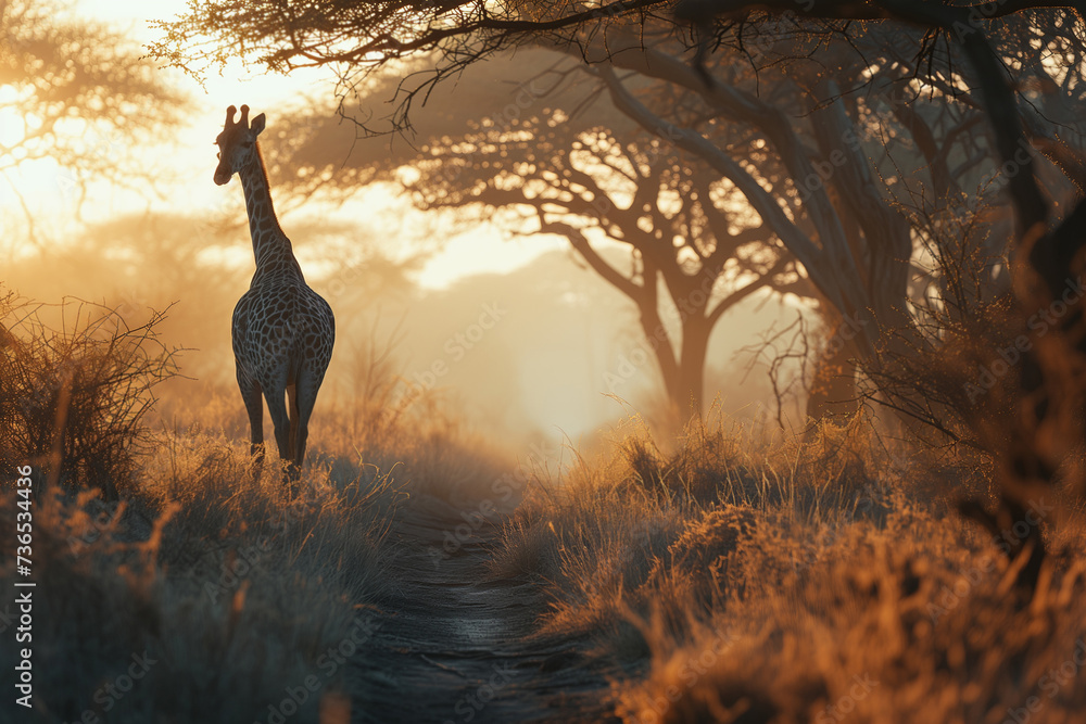 Protecting wildlife habitats and migration corridors portraying an adult giraffe standing in an African savannah next to tall acacia trees spring sunset.  - obrazy, fototapety, plakaty 