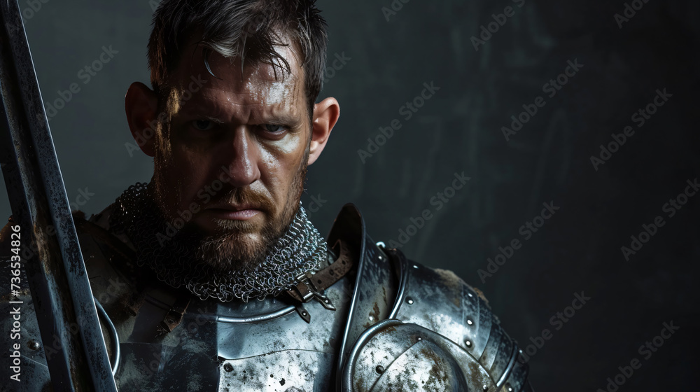 A gallant medieval knight reenactor in his late 30s, donning a suit of armor, exudes an aura of chivalrous valor. His noble appearance and unwavering determination bring history to life. - obrazy, fototapety, plakaty 