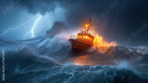 on a boat during a raging storm, with waves crashing against the vessel, rain lashing the deck, and dark storm clouds looming overhead, creating a scene of peril and survival.