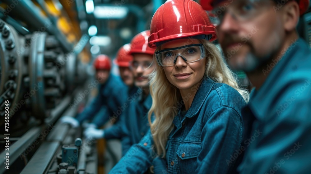 Group of people in hard hats and safety glasses working in factory. Generative AI.