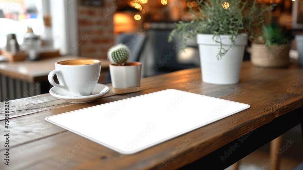 A white tablet on a wooden table with a cup of coffee. Generative AI. A white tablet on a wooden table with a cup of coffee. Generative AI.