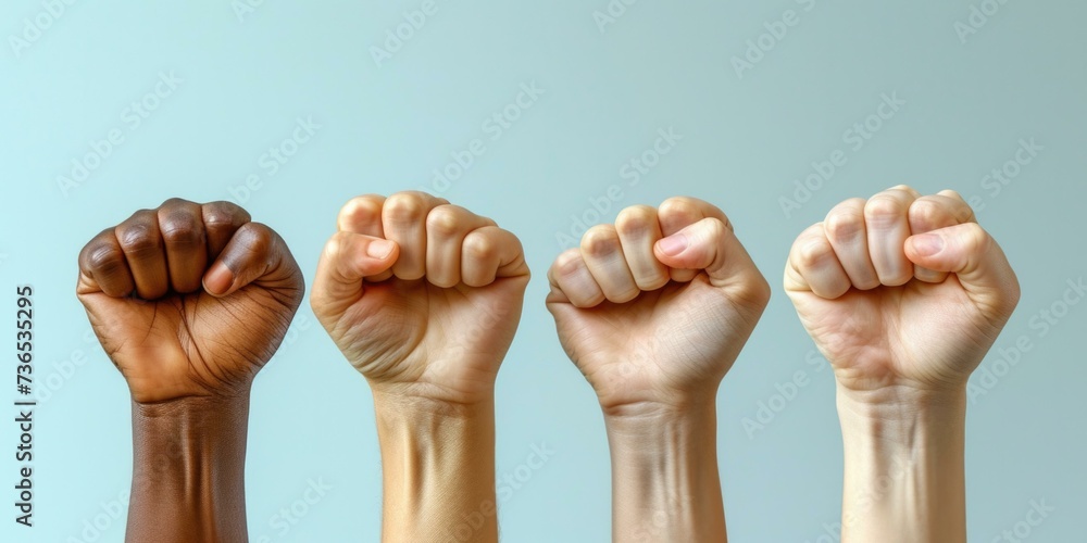 Five different colored fists in a row. Rights. Generative AI. Five different colored fists in a row. Rights. Generative AI.