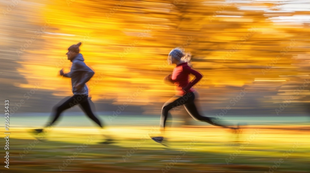 Two people are running in the park in the fall. Generative AI. Two people are running in the park in the fall. Generative AI.