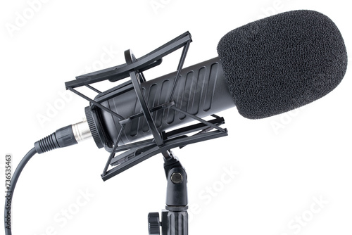 Microphone. Professional dynamic or condenser microphone. Radio broadcasting or podcast microphone with shock or anti vibration mount on stand. Mic with windshield. Recording voice, music or song