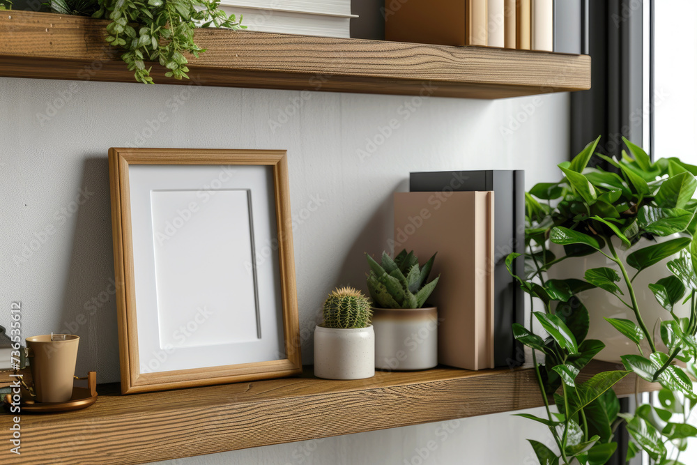 Fototapeta premium Frame mockup picture on wooden book shelf, detail of modern room interior with white blank poster and green plants. Concept of home design, bookshelf, mock up, greenery