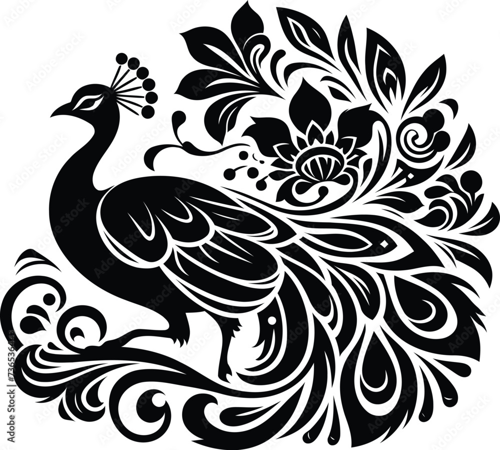 Fototapeta premium peacock, bird silhouette flowers ornament decoration, floral vector design.
