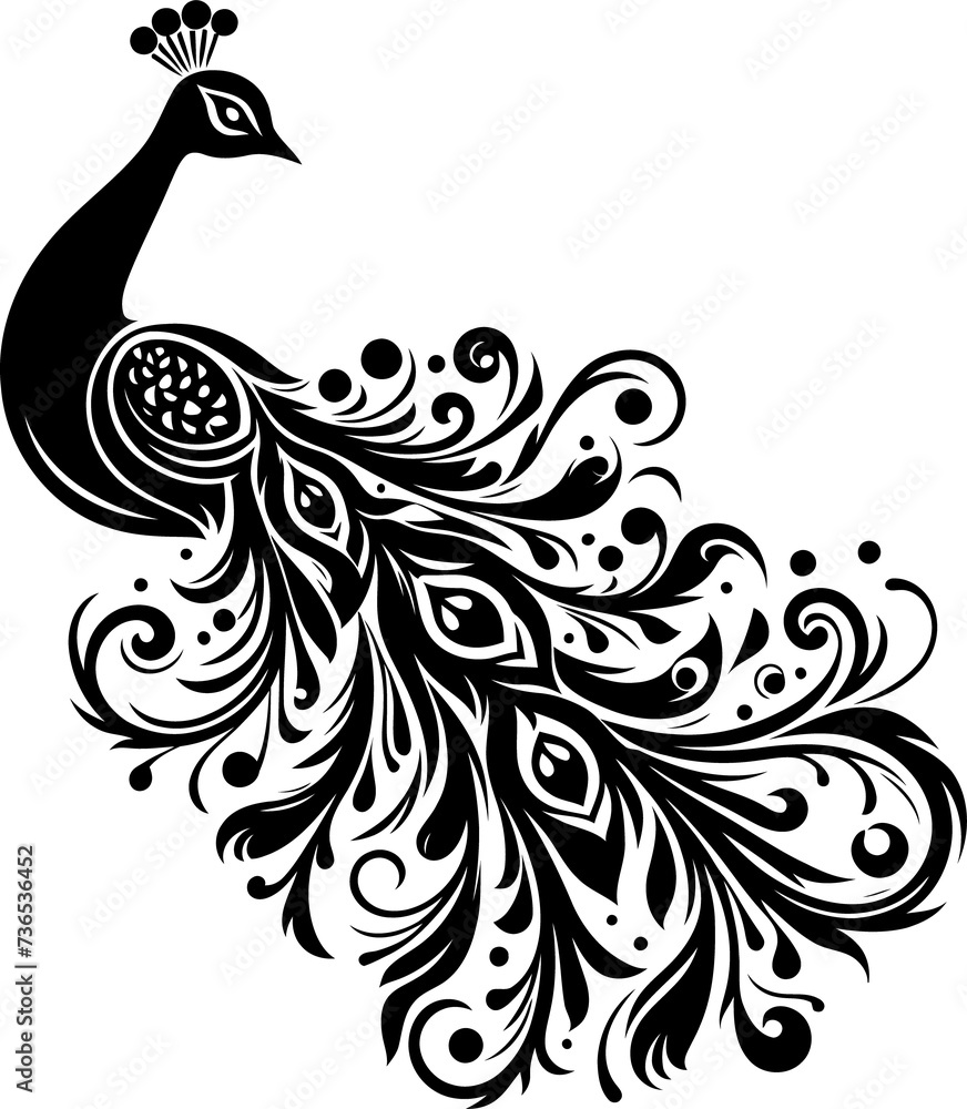 Fototapeta premium peacock, bird silhouette flowers ornament decoration, floral vector design.