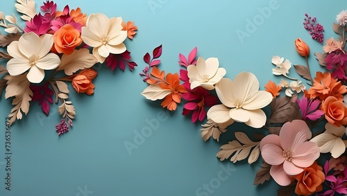 3d illustration of paper flowers on blue background with copy space.