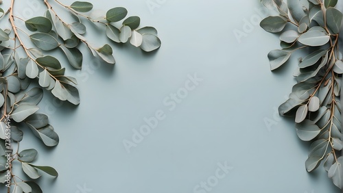 Eucalyptus branches on blue background, flat lay. Space for text