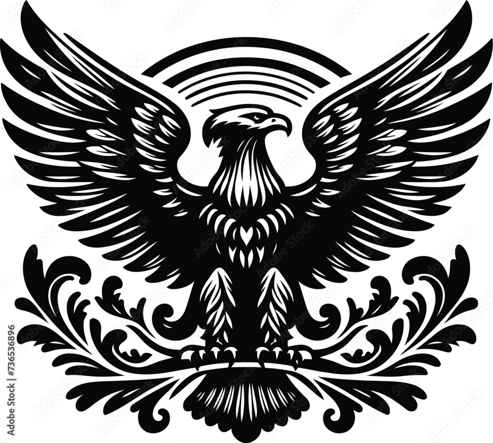 Fototapeta premium eagle, hawk, bird silhouette flowers ornament decoration, floral vector design.