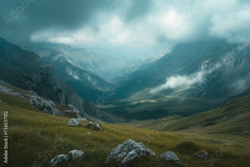 Misty mountain landscape with a lush green valley under a cloudy sky.