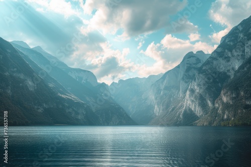 Breathtaking view of a serene lake surrounded by majestic mountains under a sky with fluffy clouds.