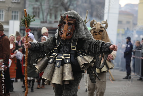 First masquerade festival "Djamala" in Kyustendil, Bulgaria. People with mask called Kukeri dance and perform to scare the evil spirits.