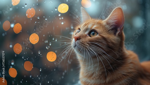A Felidae, carnivorous and terrestrial animal commonly known as a domestic shorthaired cat with whiskers and fur is gazing out a window at the rain
