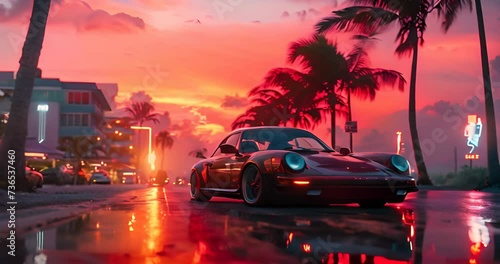 sportscar at California beach street with palm trees