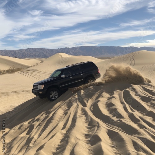 Black SUV conquering a sandy dune landscape, leaving a dynamic trail in the serene desert environment. © burntime555