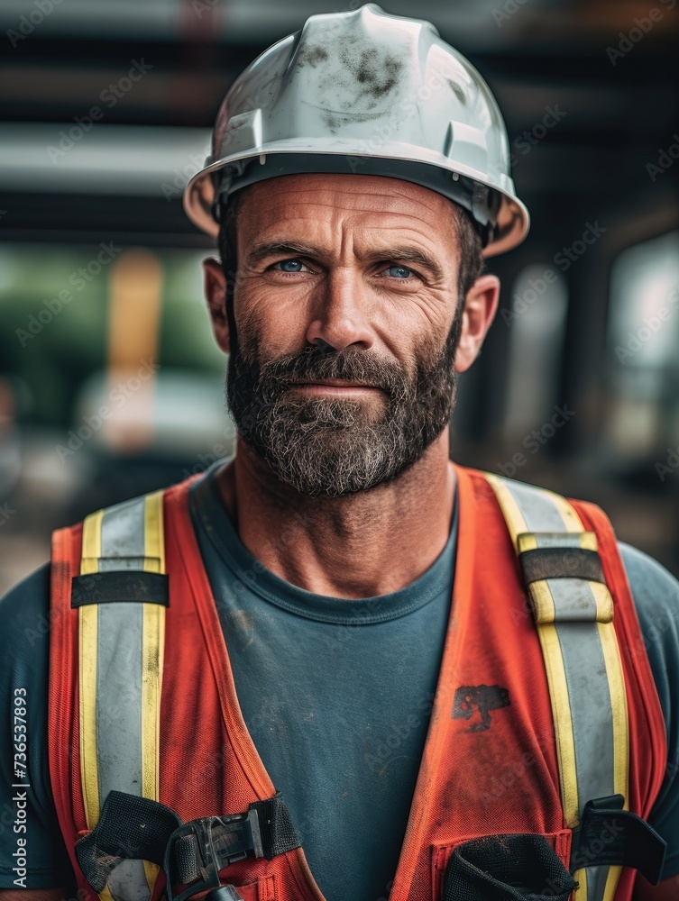 Man with a beard wearing a hard hat standing in front of a construction site. Man with a beard wearing a hard hat standing in front of a construction site.