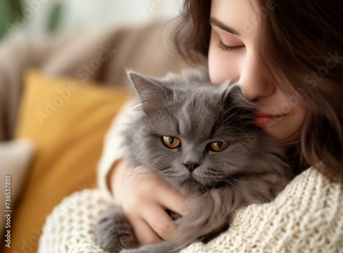 Close-up of a cozy gray cat with green eyes, which is held in the arms of a girl.