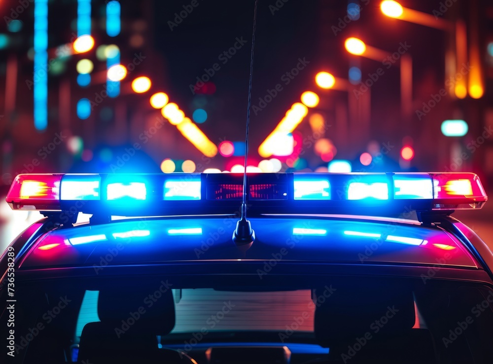 Police car’s emergency lights in a cityscape at night, with urban architecture silhouetted against the sky. - obrazy, fototapety, plakaty 