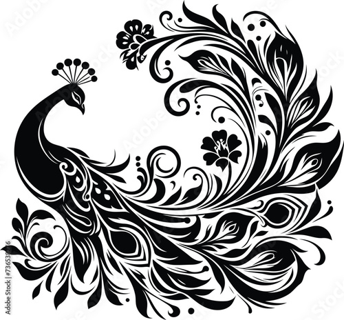 peacock, bird silhouette flowers ornament decoration, floral vector design. 