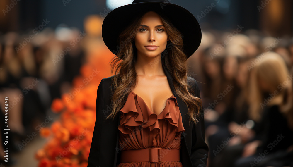 Beautiful fashion model exudes elegance and sensuality on stage generated by AI Beautiful fashion model exudes elegance and sensuality on stage generated by AI
